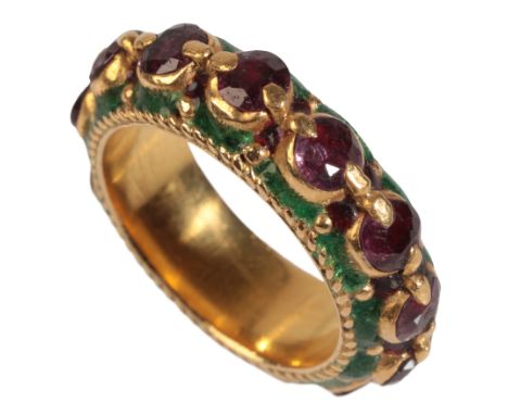 A VINTAGE GEM SET AND GREEN ENAMEL FULL ETERNITY RING on yellow metal, unhallmarked, head length 6mm by 5mm depth, size L1/2,