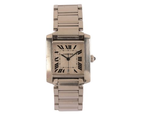 CARTIER TANK FRANÃ‡AISE: A GENTLEMAN'S STAINLESS STEEL BRACELET WATCH with automatic movement, the sunburst white dial with b