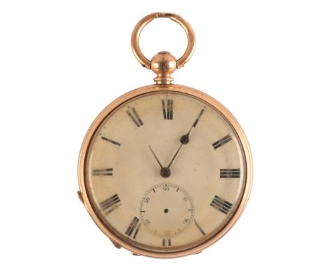 A GENTLEMAN'S 14CT GOLD OPEN FACE POCKET WATCH with key-wind movement, the white enamel dial with black Roman numerals and da