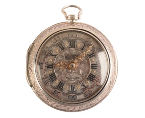 THOMAS DUMORE OF LONDON: A GENTLEMAN'S SILVER REPOUSSE PAIR CASE POCKET WATCH with key-wind movement, the silver champleve di