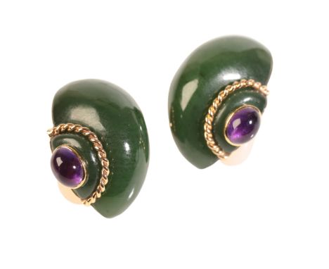 A PAIR OF VERDURA 18K GOLD, JADE, AMETHYST AND RUBY EARRINGS modelled as shells, with rope twist mounts and cabochon stones, 