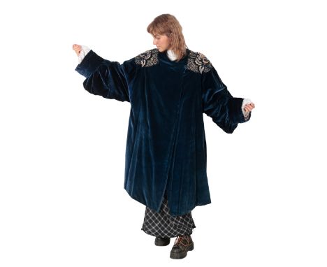 LIBERTY LONDON; A VINTAGE FULL LENGTH VELVET COAT embroidered and bead work detail to the shoulders, ruched sleeves, the crea