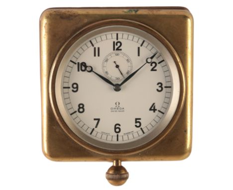 OMEGA: A BRASS MOUNTED KEYLESS LEVER DASHBOARD CLOCK no. 9569630, the white enamel dial with subsidiary seconds dial and mark