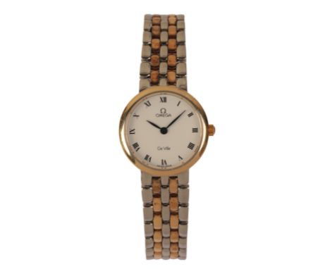 OMEGA DE VILLE: A LADY'S STAINLESS STEEL AND GOLD-PLATED BRACELET WATCH with a quartz movement, the white dial with black Rom