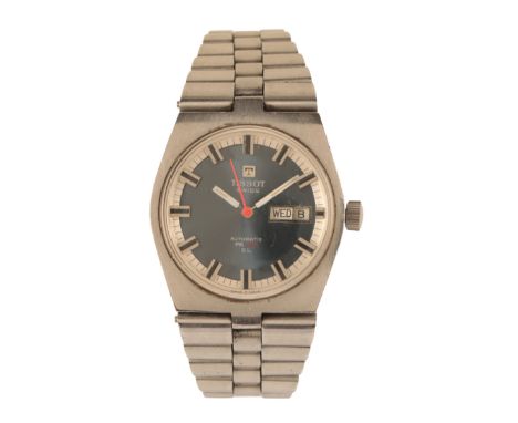 TISSOT: A GENTLEMAN'S STAINLESS STEEL BRACELET WATCH with automatic movement, the blue dial with silver and blue baton numera