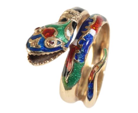 A VICTORIAN YELLOW METAL SNAKE RING with multi colour enamel work, indistinct possible hallmark on the tail, size N, (c.6.67g