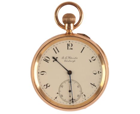 R L CHRISTIE OF EDINBURGH: A GENTLEMAN'S 18CT GOLD OPEN FACE POCKET WATCH with keyless wind movement, the white enamel dial w