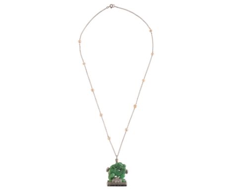 A FINE CARVED JADEITE PENDANT the untreated certified jadeite carved as a dog standing on a diamond-set and princess-cut sapp