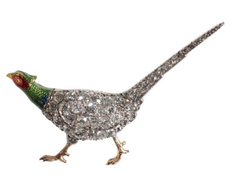 A DIAMOND AND ENAMEL PHEASANT BROOCH on unmarked yellow metal, 50mm wide, (c.9grams)