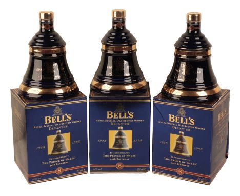 BELL'S EXTRA SPECIAL SCOTCH WHISKY - PRINCE OF WALES' 50TH BIRTHDAY three 70cl porcelain decanters, boxed 
