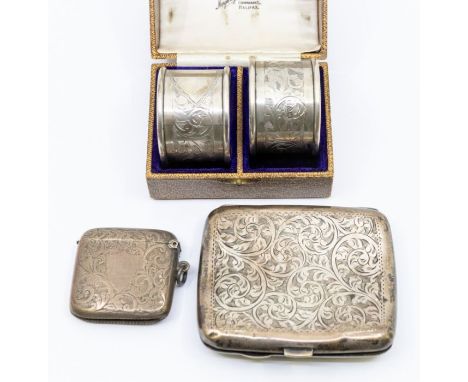 A collection of silver items to include; an engraved silver cigarette case, Harman Bros, Birmingham, 1921, an Edwardian engra