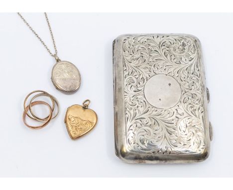 A silver cigarette case, gilt metal heart locket, 9ct gold tri colour Russian ring, size H, weight approx 4.6gms and oval loc