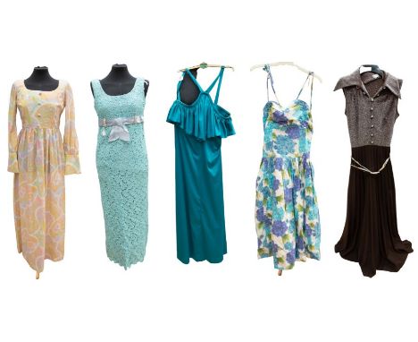 A turquoise/peacock blue 1970s long polyester evening dress with a deep frill, together with a 1970 maxi dress with coffee-co