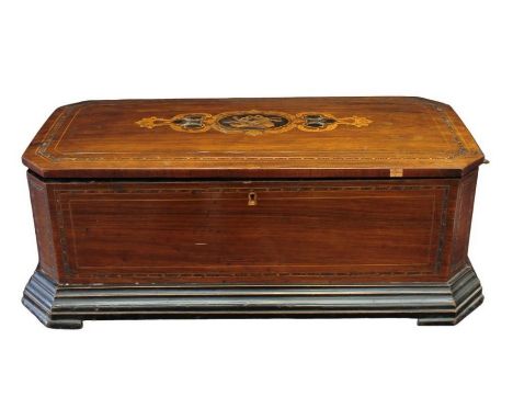 Late Victorian, Swiss made, six-bell music box with eight tunes in a mahogany inlaid case with ornate inlay of musical detail