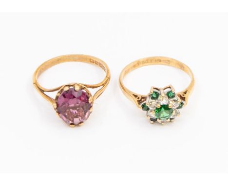 Two vintage 9ct gold stone set rings, comprising an oval amethyst single stone ring, size M, along with a green and white sto