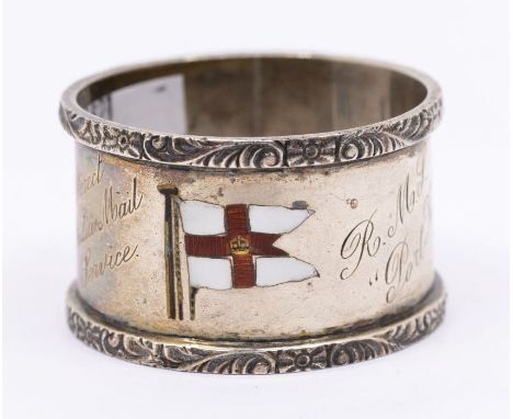 An Edwardian silver and enamel souvenir napkin ring, with enamel Ensign to central section, the body engraved: RMS Port Kings