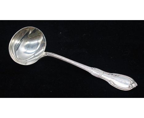 A 19th Century French silver hour glass sauce ladle, engraved with monogram, hallmarked Paris, stamped by Odiot, Minerva mark
