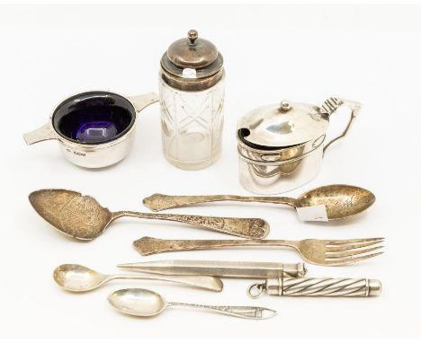 A collection of silver to include; an Arts & Crafts era designed mustard pot with blue glass liner, (cover slightly misshapen