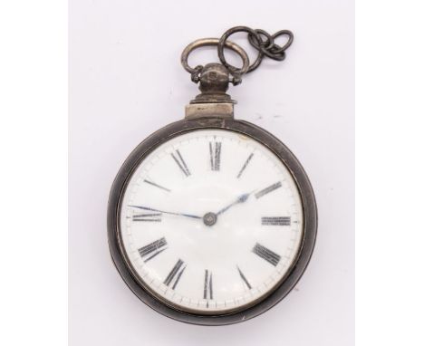 A Georgian silver pair case pocket watch, comprising a white enamel dial, numeral markers, by ??? movement numbered ?? to a l
