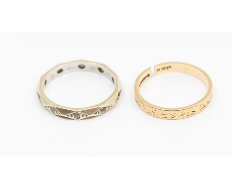 Two 9ct gold bands including a faceted stone set band, size K, (one stone missing) along with an engraved band a/f split to b