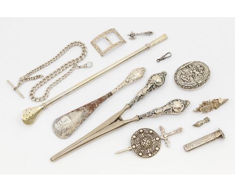 A collection of silver items to include; a Scottish silver kilt pin with distinct Celtic design, marked C.A.I, Iona and Scotl