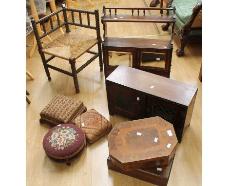 Two late 19th century mahogany wall cabinets, bobbin turned corner chair, three 19th century prayer stools, trinket box and f