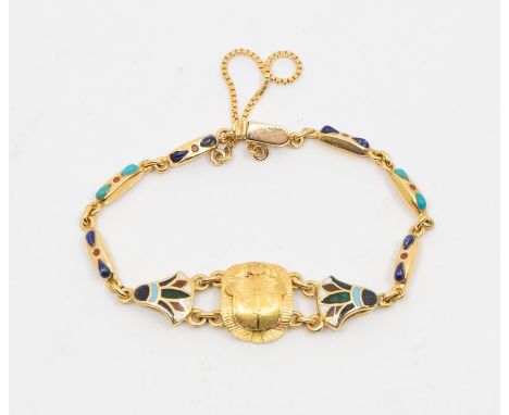 An Egyptian 18ct gold stone and enamel set bracelet, comprising a scarab to the centre within enameled lotus motifs, to bar l