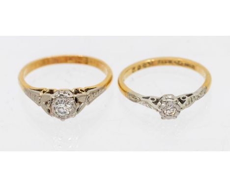 Two vintage diamond and 18ct gold platinum set solitaire rings, comprising an illusion set, round brilliant cut diamond ring,