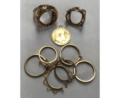 A collection of  9ct gold ring shanks and coin mounts with a hollow 1903 jewellery coin, total combined weight approx 24gms  