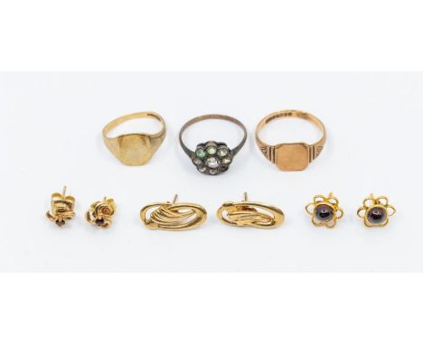 A collection of 9ct gold earrings, some stone set along with a two small 9ct gold signet rings and gold and silver paste set 