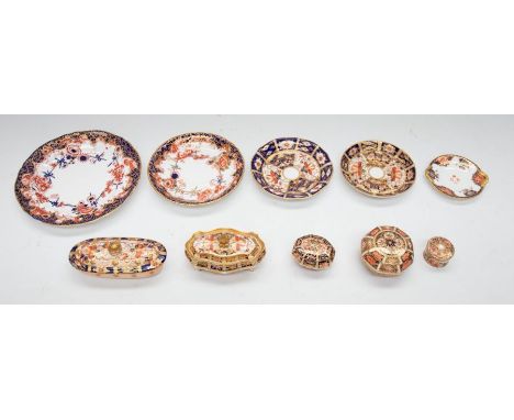 Collection of Royal Crown Derby early 20th century china items, to include saucers, plate, rouge pot, miniature toothbrush po