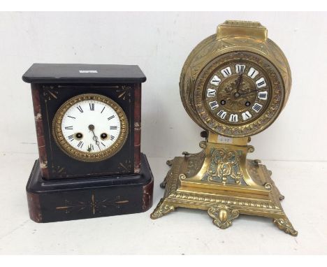 Two French mantel clocks: 1. A French style mantel clock in brass cast case. 8-day French movement striking on a bell with 4"