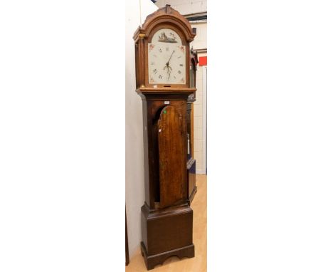 Early 19th century oak-cased longcase clock with painted dial, Roman numerals, 30 hour.
