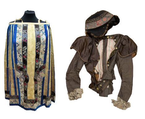 A mid-brown sateen 1870s bodice with a 16" waist - could be a teenage girls as there is no whalebone - with pointed peplum at