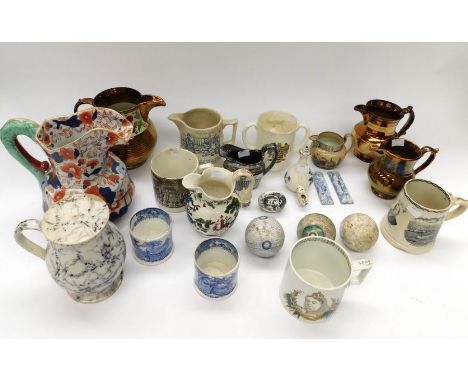 A collection of 19th/early 20th century ceramic jugs and others to include; a large Masons Ironstone Imari type, a crackle bl