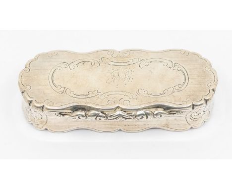 A Victorian silver shaped oblong snuff box, the cover engraved with scrolls and linear decoration, ornate border, hallmarked 