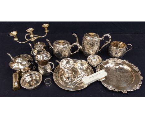 A quantity of silver plate/EPNS to include: a Victorian A1 Electro plated four piece monogrammed coffee and tea service, prof