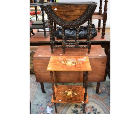 A George III mahogany drop-leaf table along with a Victorian carved oak drop-leaf table with bobbin legs and an Italian-style