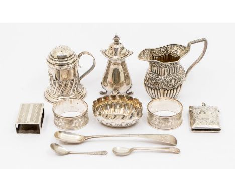 A collection of silver to include: a Charles Stuart Harris Victorian silver handled footed salt shaker, a late Victorian smal