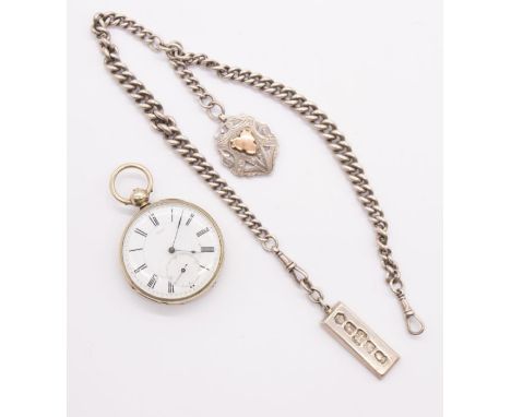 A silver double Albert link watch chain & fob, comprising a graduated link, widest approx 10mm, length approx 420mm, swivel c