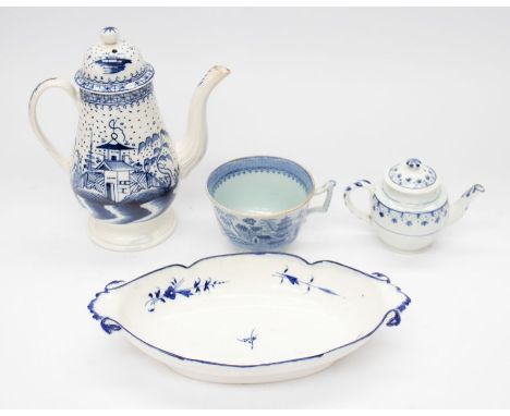 A collection of 19th Century blue and white ceramics to include; a Leeds handled coffee pot, a miniature tea pot, a Chinoiser