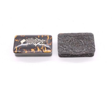 A late 19th Century inlaid tortoiseshell snuff box, silver and mother-of-pearl decoration together with a profusely carved ho