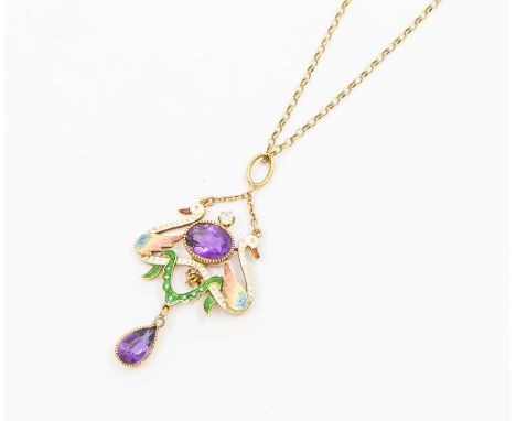 A 19th century Renaissance Revival gem set enamel and gold necklace, comprising two entwined enamel swans set with an oval mi