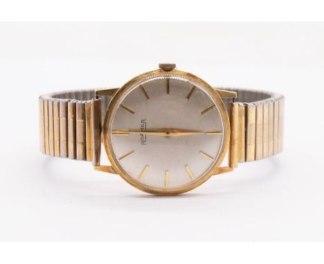 A gents 14ct gold cased Roamer wristwatch, comprising a round signed silvered dial with applied baton markers, case approx 33