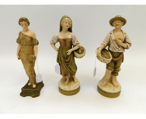 Royal Dux - Three ceramic figurines to include; a female with basket in hand, no 2122. A fisherman with pipe in hand, no. 212