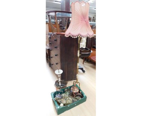 A mixed collection of metal ware and others to include; a large onyx stone and brass column three legged hall standing light,