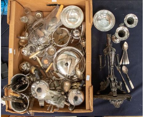 A collection of silver plated wares to include; muffin dish, trumpet vases, inkwell, goblets, coffee and tea pot, two milk ch