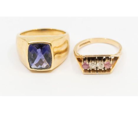 Two stone set 9ct gold rings, to include a large checkerboard cut iolite ring, width approx 13mm, size P, along with a ruby a