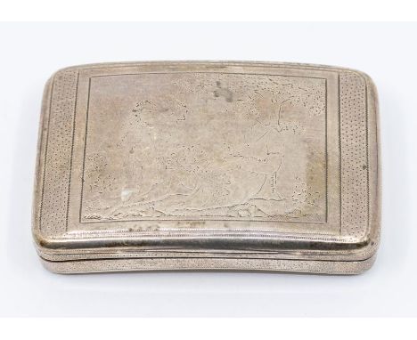 A George III silver curved bright cut engraved snuff box, the front with Classical figures (rubbed), the reverse with a trio 
