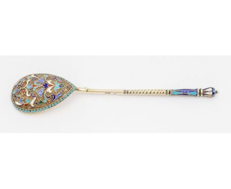 A Russian silver and cloisonne enamel spoon, coronet terminal, twist stem, marked on the side, gross weight 24.3 grams, 14cm 